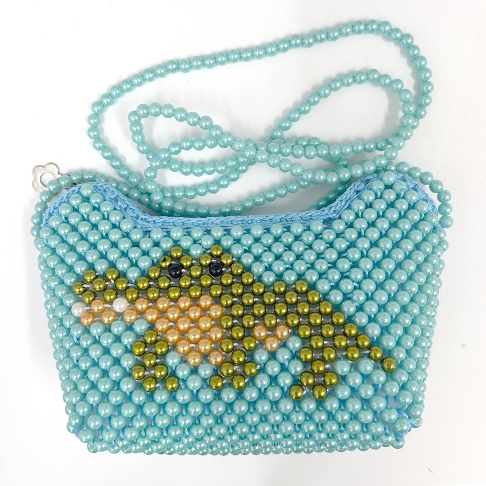 Novelty‎ Beaded Bag Alligator Crocodile Crossbody Pearl Purse Aqua Blue Dopamine
